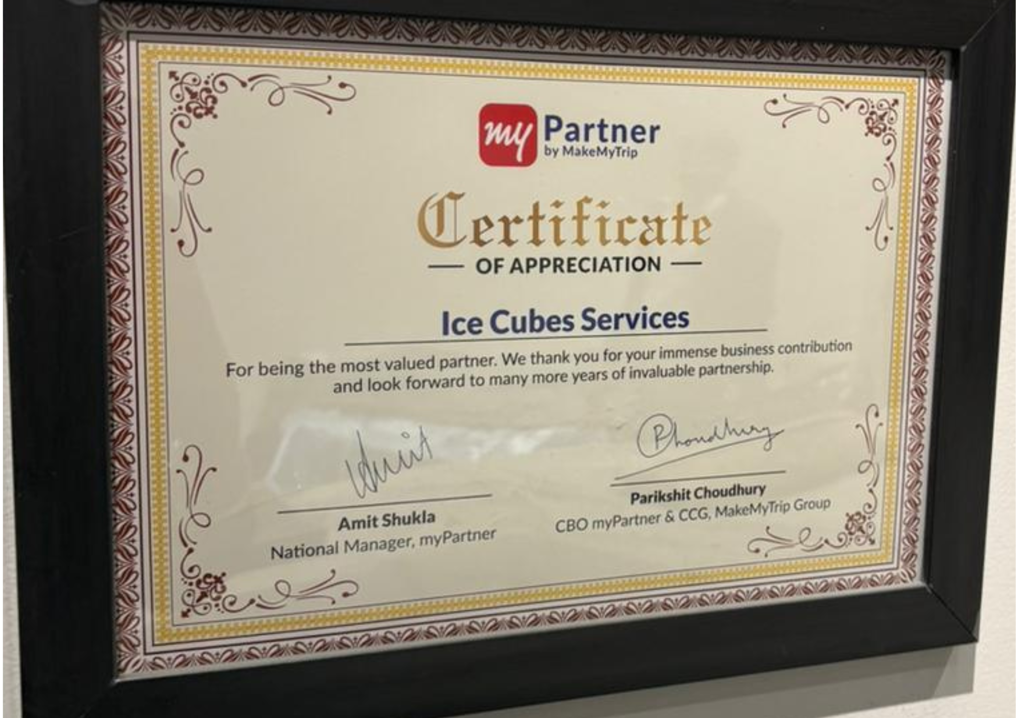 Certificate of Appreciation from MakeMyTrip